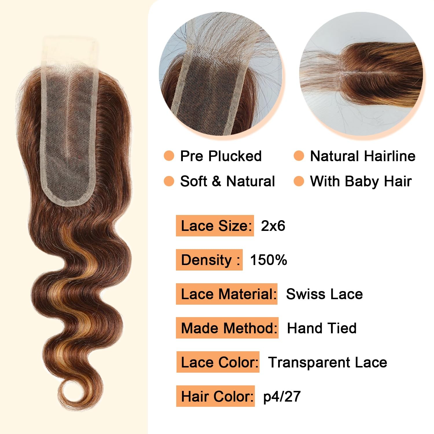 Isufer 2X6 Closure Hd Transparent Lace P4/27 Highlight Honey Blonde Closure
