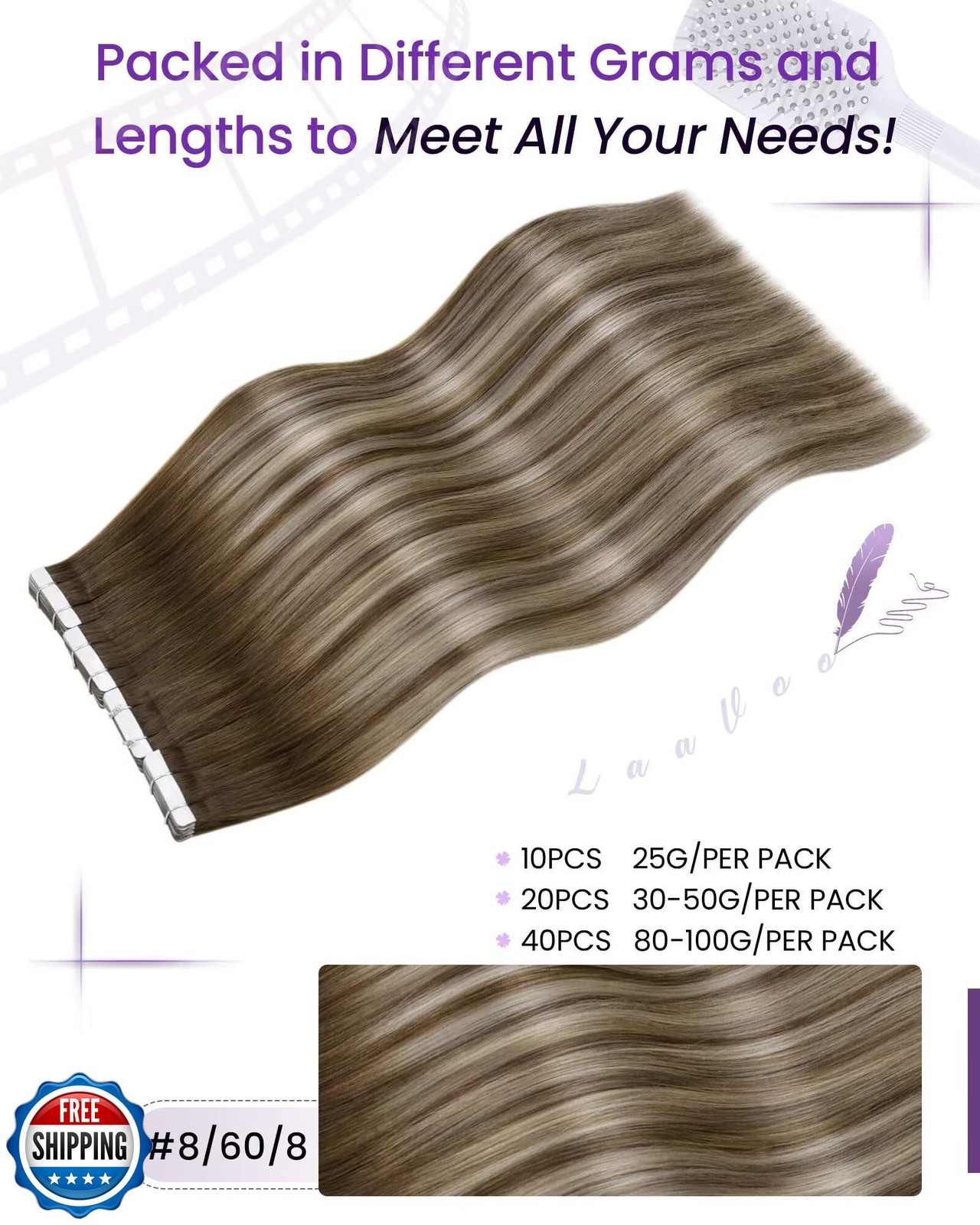 LaaVoo Tape in Hair Extensions Human Hair Balayage Hair Extensions Tape in Li