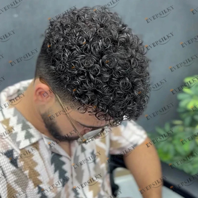 18mm Curly Human Hair Men Toupee Super Durable Fine Mono Base Male Wigs Natural