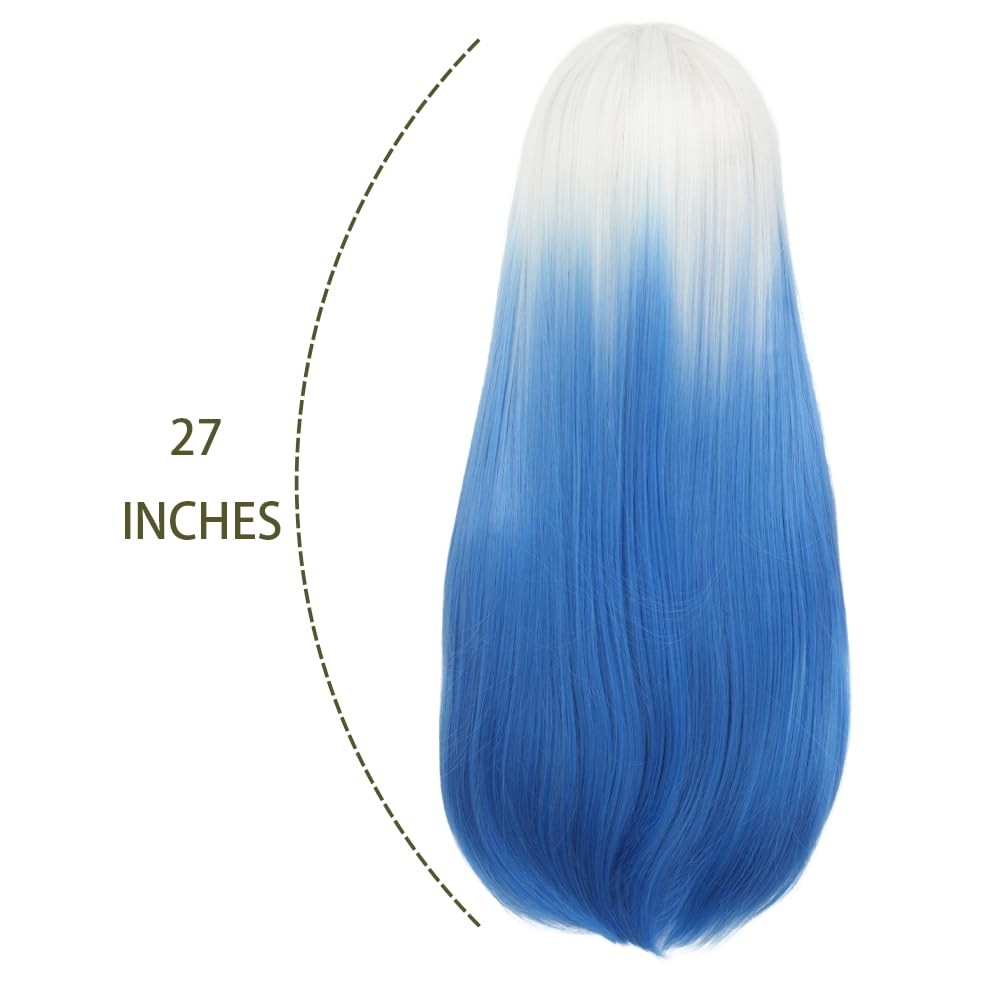 Ombre Blue Wigs with Bangs for Women Long Straight Synthetic Fiber Heat Resis…