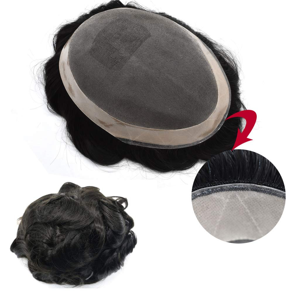 Mens Human Hair Replacement System Hairpiece Fine Mono Poly Skin Mens Toupee Wig