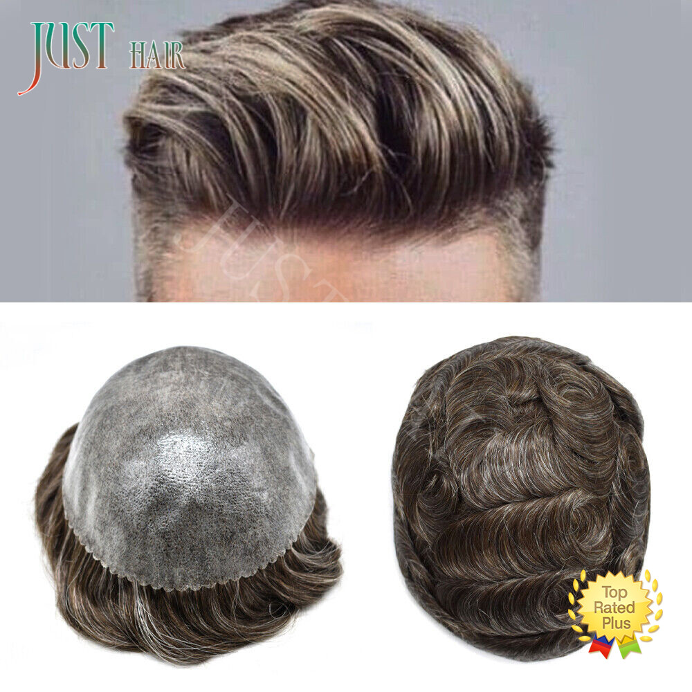 Mens Human Hair Replacement System Injection Skin Men Toupee Wig Hairpieces US