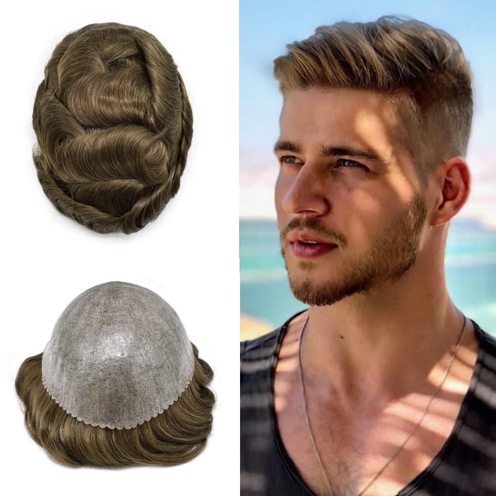 Men’s Medium Light Brown Real Hair Toupee – Natural Hair Replacement System