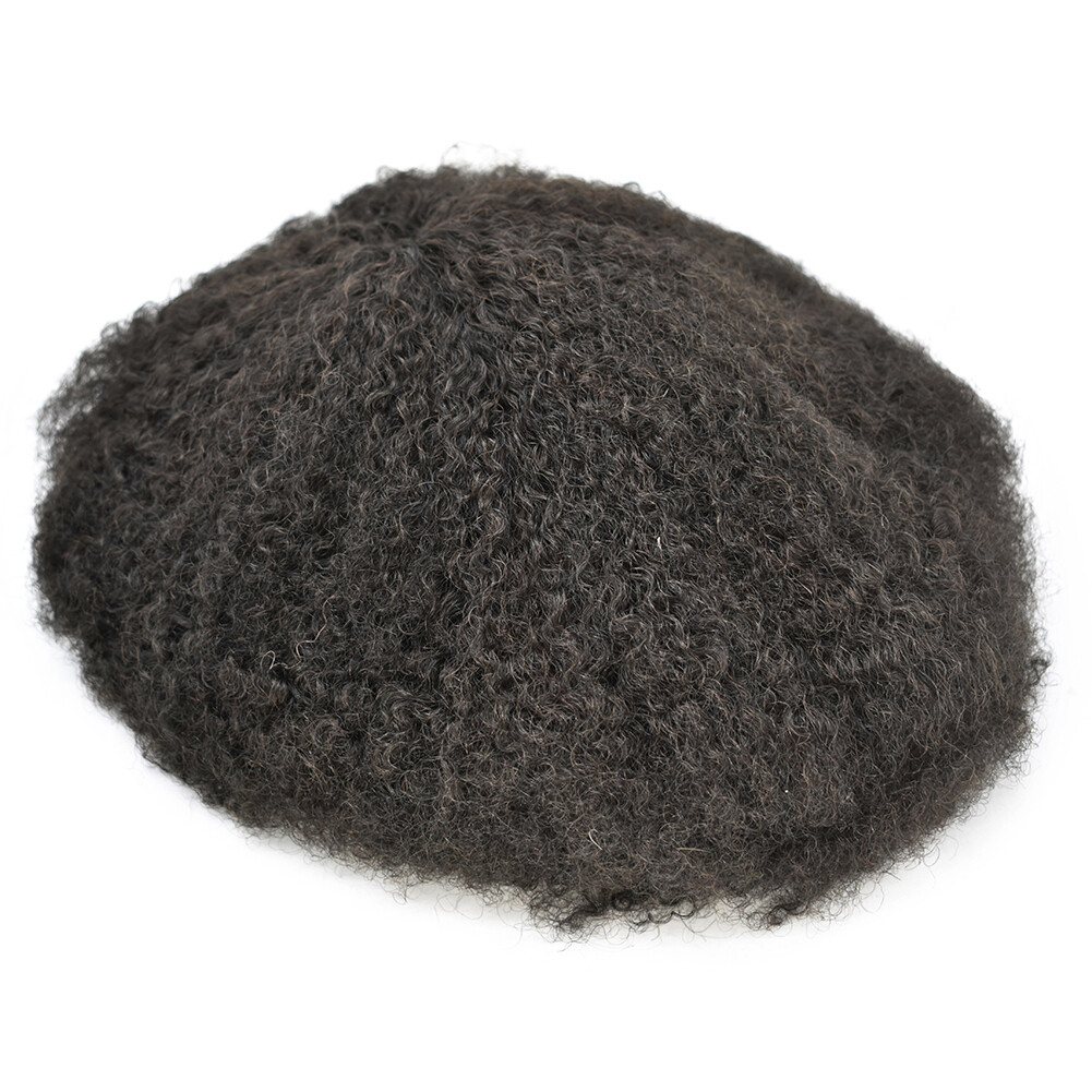 Mens Toupee Afro Curly Full Poly African American Black Real Human Hair Wig PU