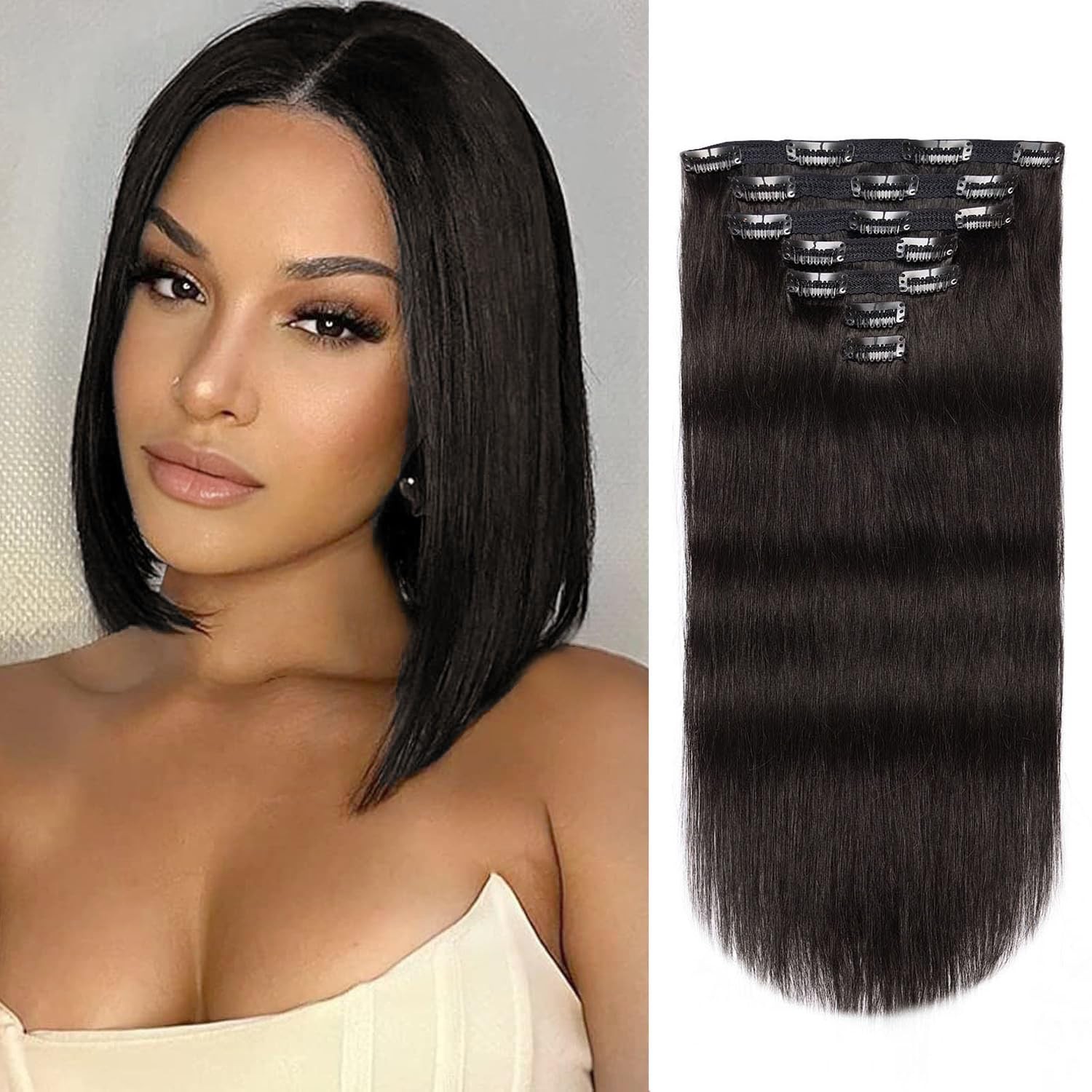 Clip in Hair Extensions Remy Human Hair 12inch 70g #1B Natural Black – Soft