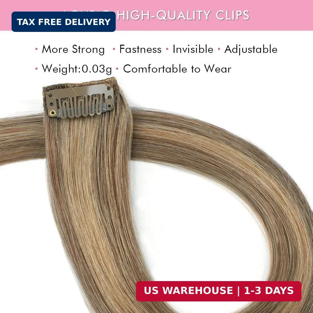 Lovrio 160g 20 inch Clip in Human Hair Extensions, Piano Color Chestnut Brown Mi