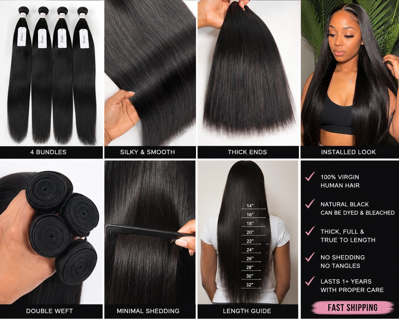 4 Bundles Virgin Straight Human Hair 26 28 28 30” | Thick Ends | Silky Soft |