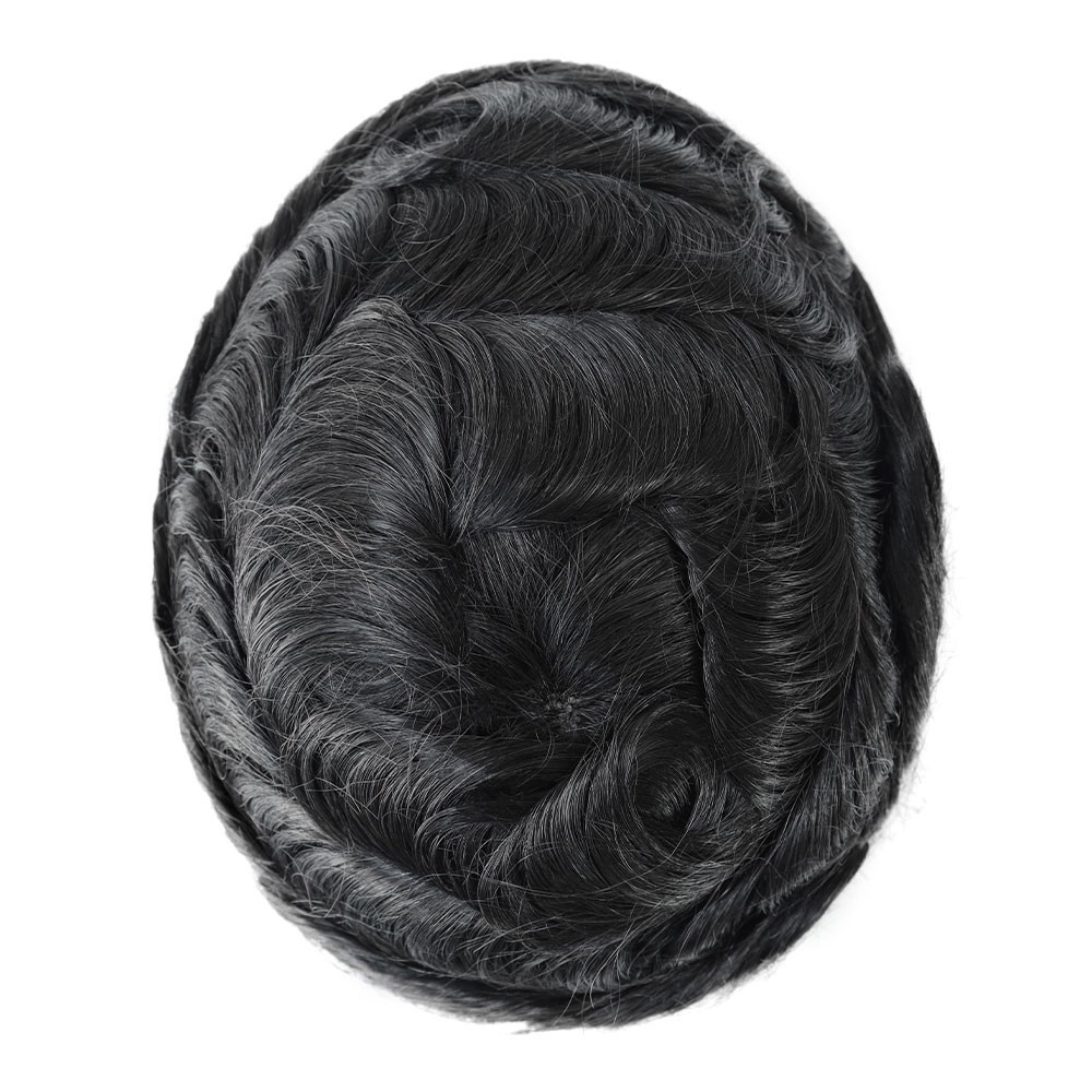 Mens Toupee Human Hair Replacement System Injection Skin Black Hair Piece #1C