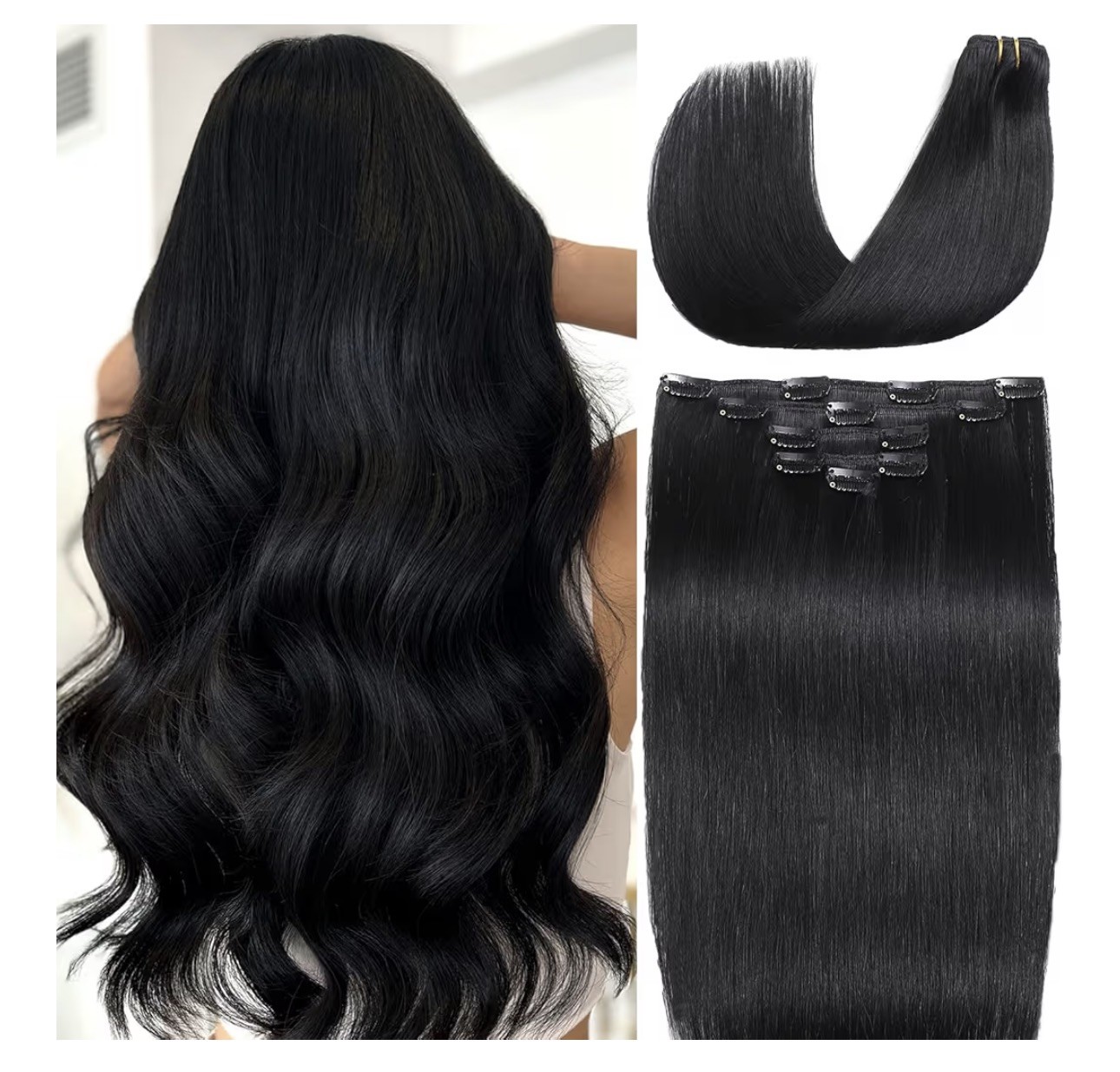 Real Human Hair Clip-In Extensions Jet Black 14″ Silky Straight Remy 5-Pcs 80g