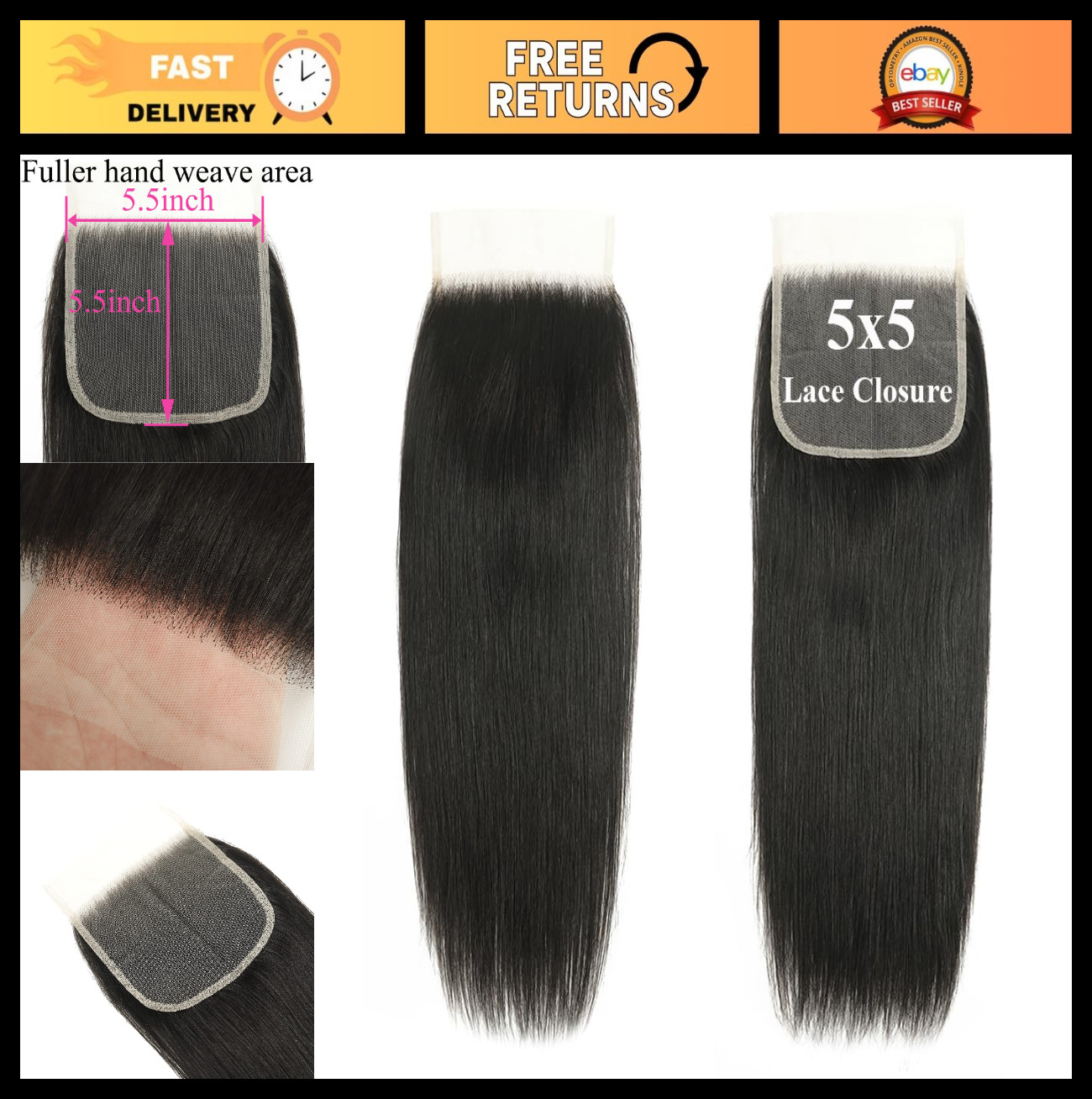 16 Inch HD Lace Closure Straight Brazilian Virgin Human Hair – Pre Plucked, Free