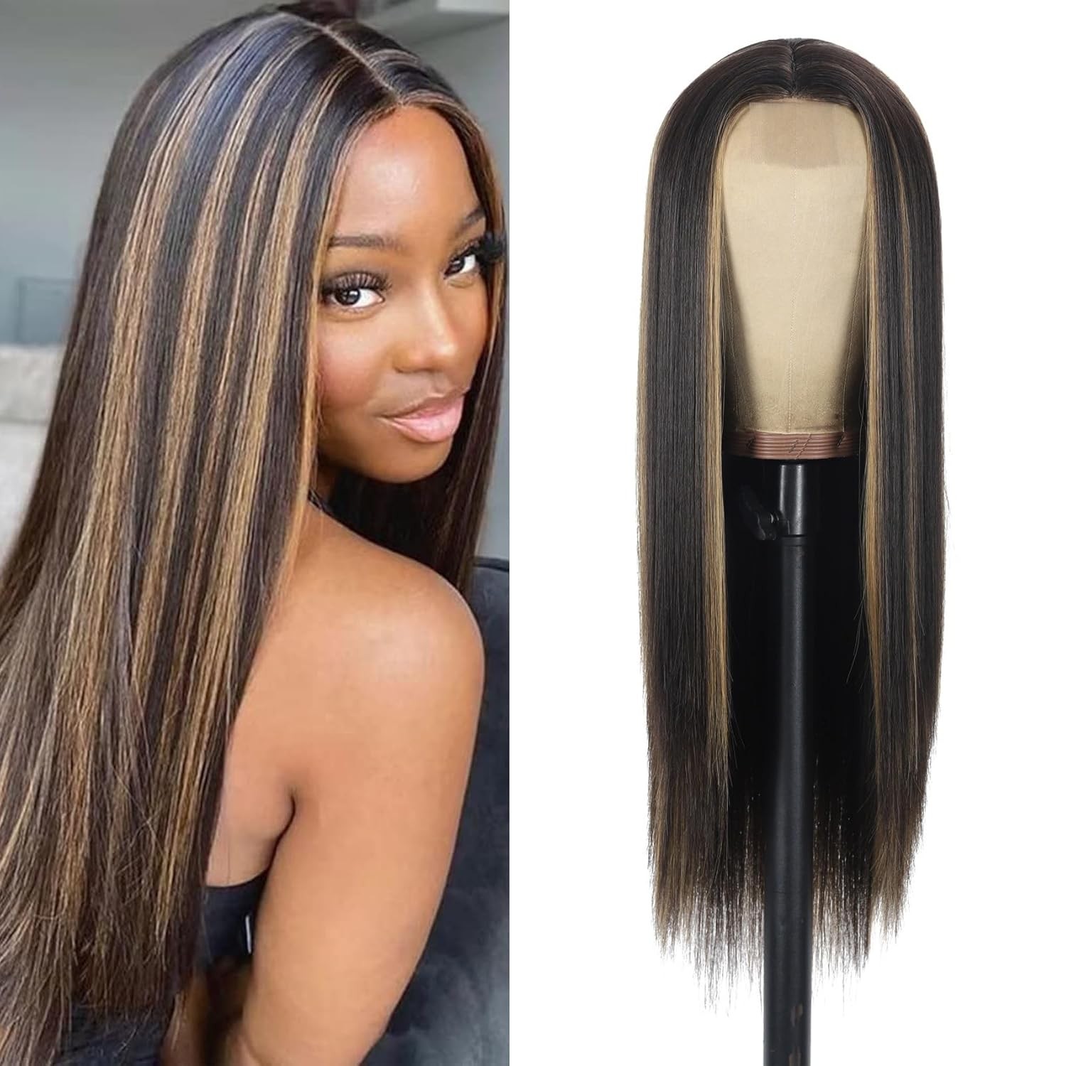 28 Inch Long Straight Synthetic Blonde Brown Wig With Highlights Middle Part