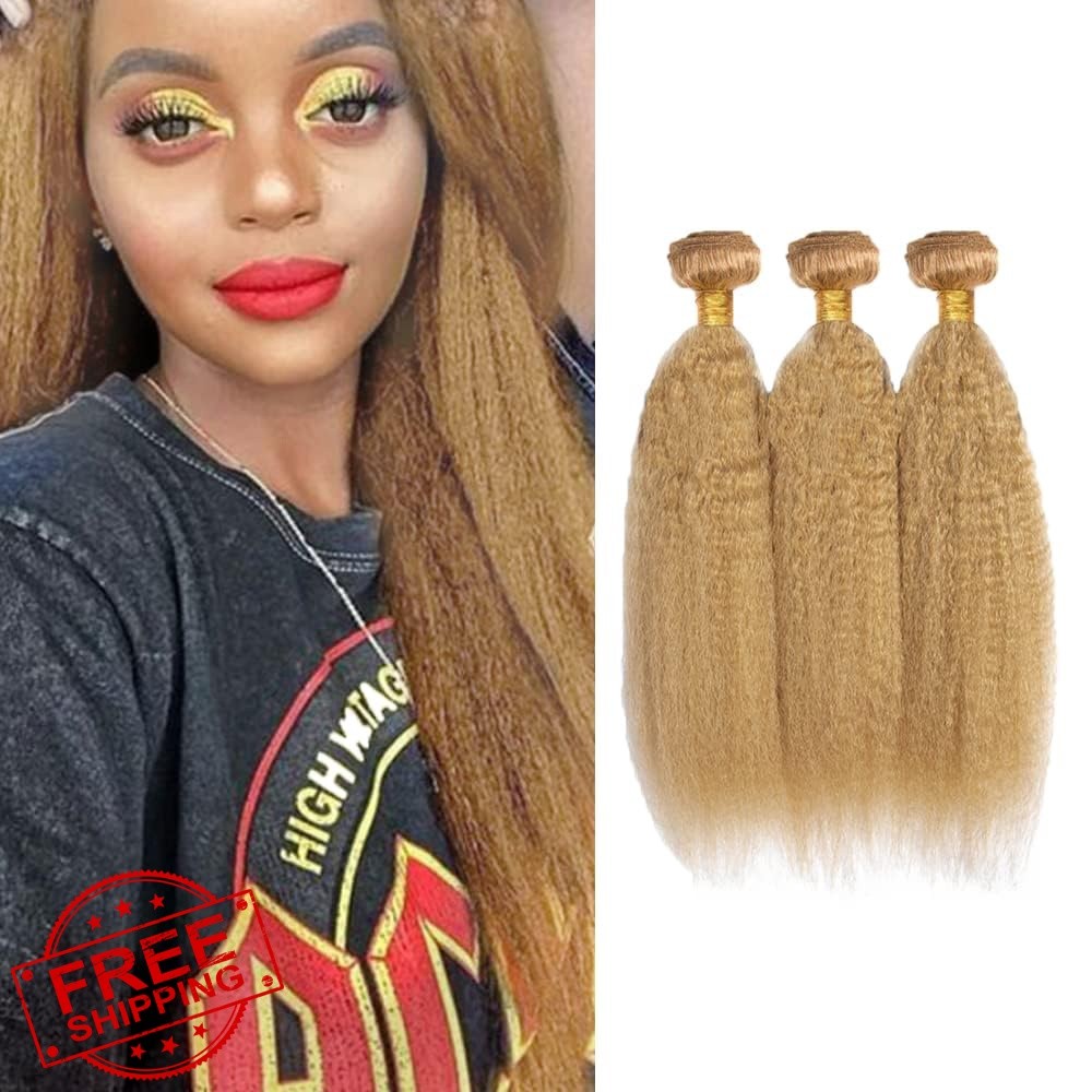 GtaiiReu 24 26 28 Inch #27 Blonde Yaki Straight Human Hair Bundles