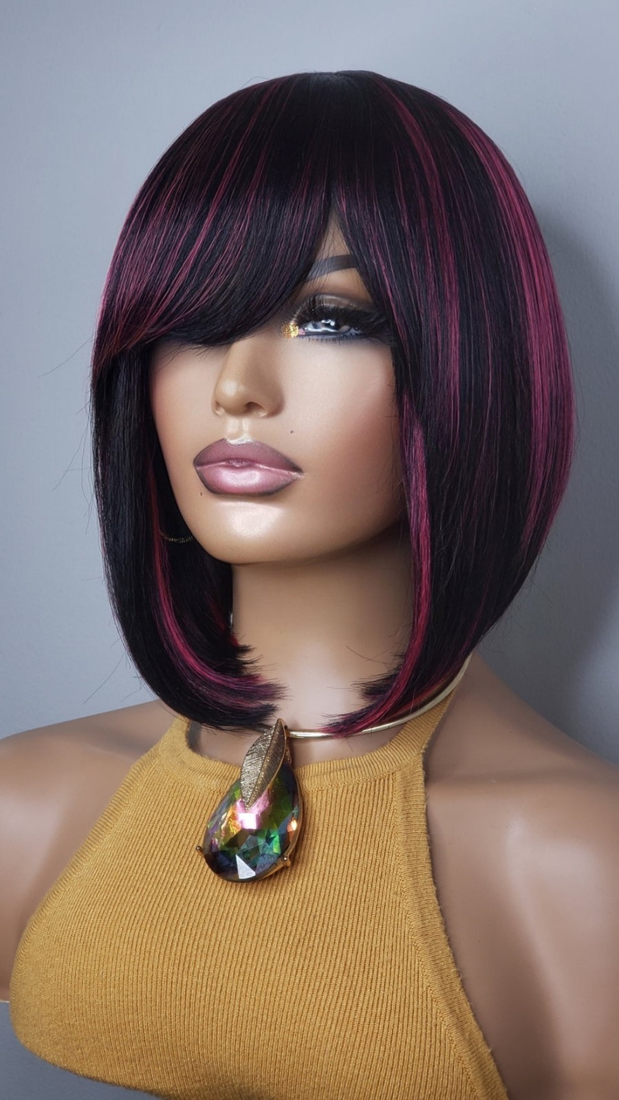New Human Hair Blend Short Bob Wrap Bangs Full Cap Wig Black Pink Highlights Wig