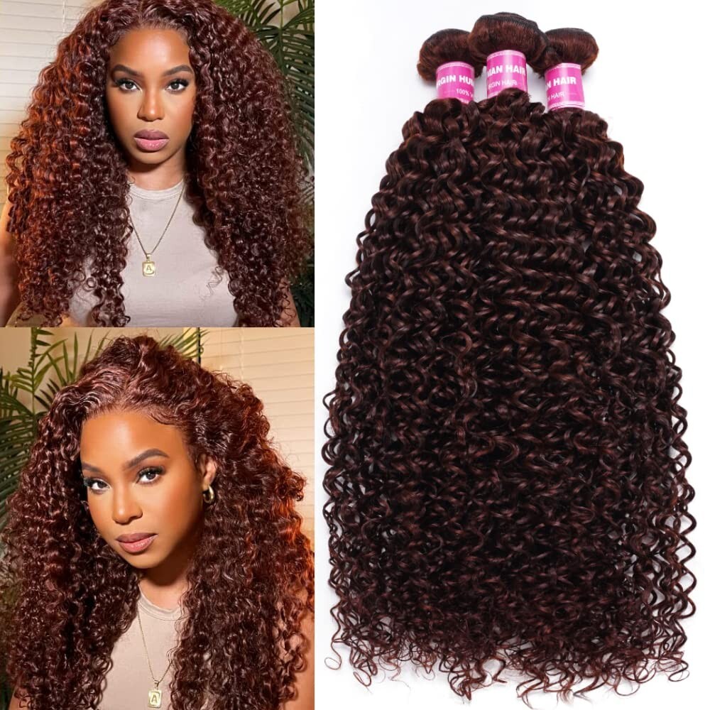 UNice Cambodian Reddish Brown Curly 3 Bundles Human Hair Weaves Cooper Red Wefts