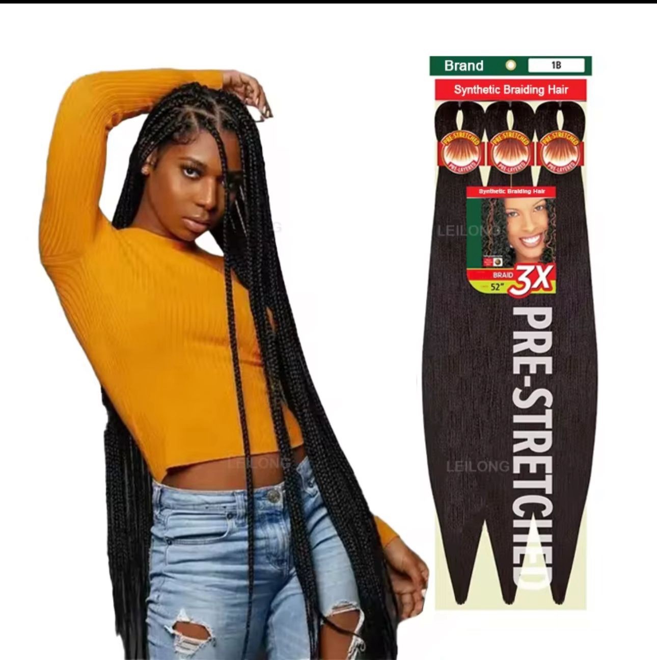 LEILONG Synthetic Pre-Stretched Braiding Hair Extensions 1B 52in 3X