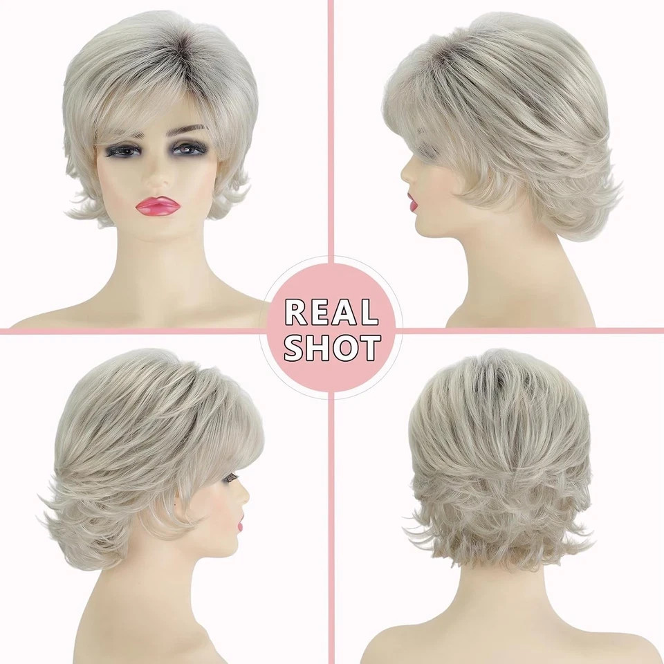 Short Pixie Cut Ombre Silver Grey Curly Wigs for White Women Fluffy Layered