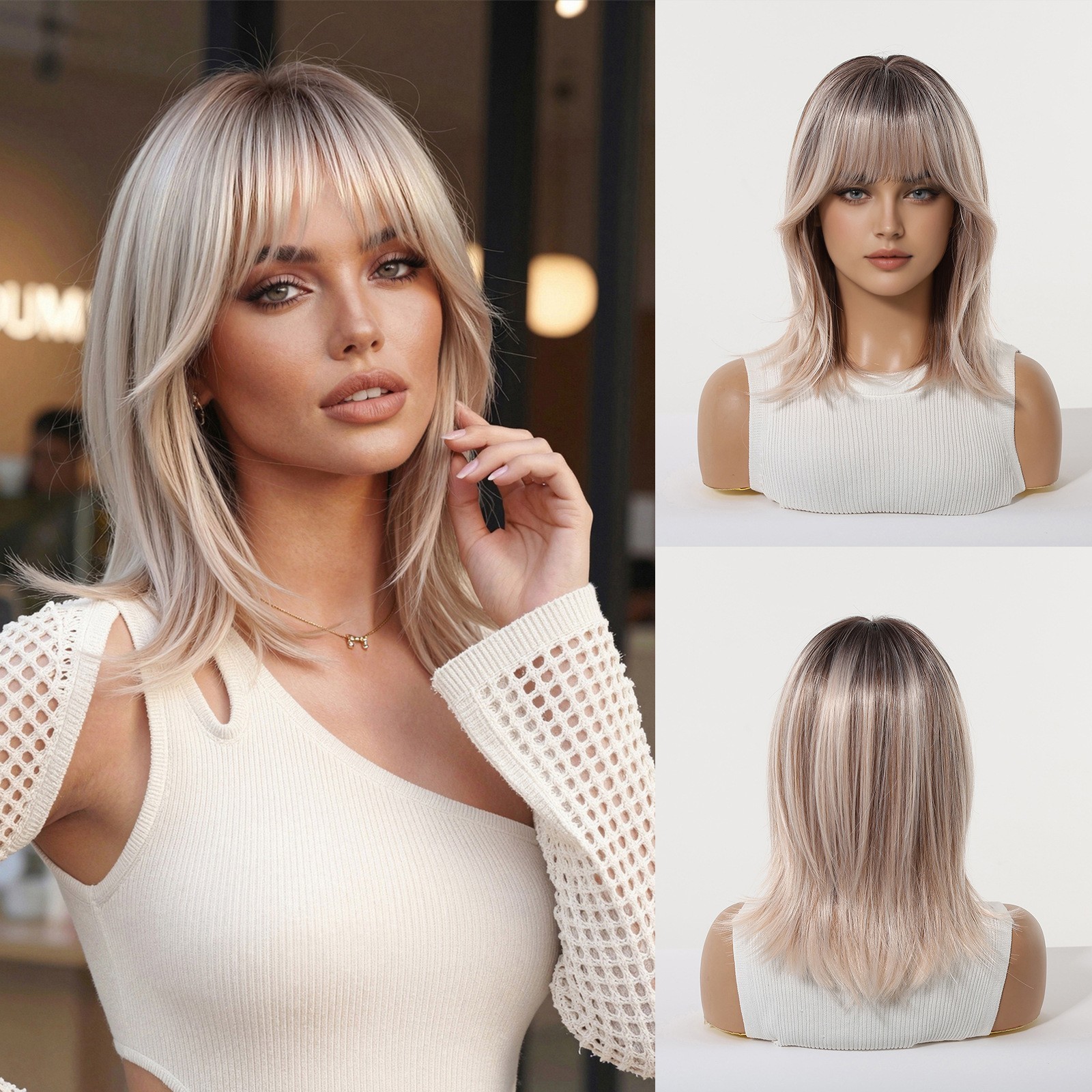 Blonde Wigs Short Straight Bob Wig With Bangs For Women 14in Natural Synthetic W