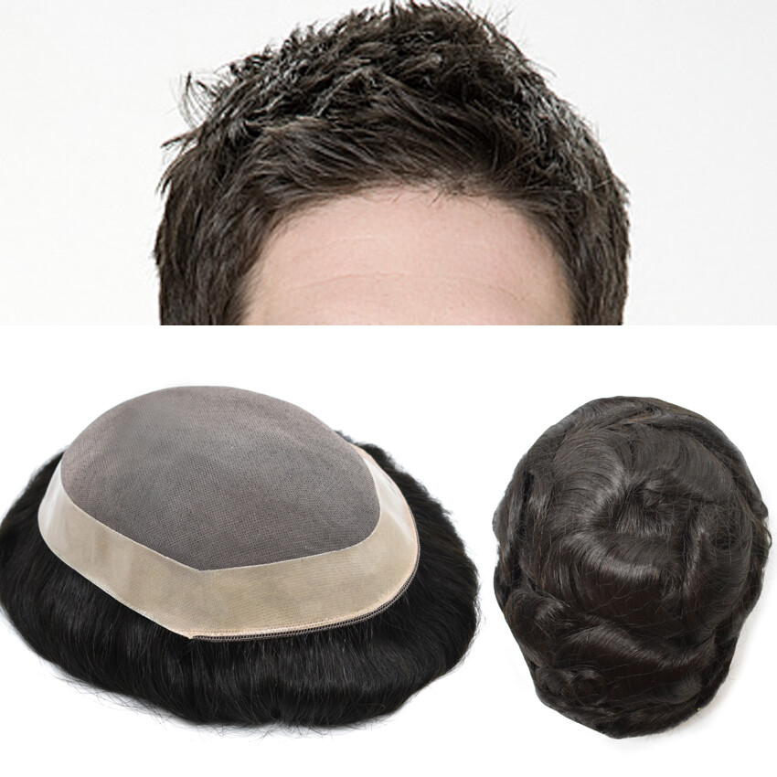 Mens Toupee 100% Human Hair piece Fine Mono Durable Natural Wig for Men D7-3