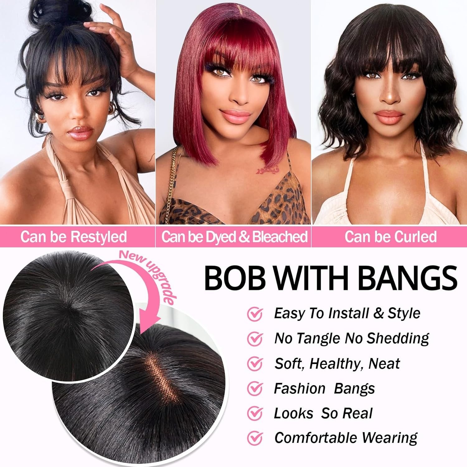 Indian Bob Straight Human Hair Wigs With Bangs 2×1 Lace WigsGlueless for Women