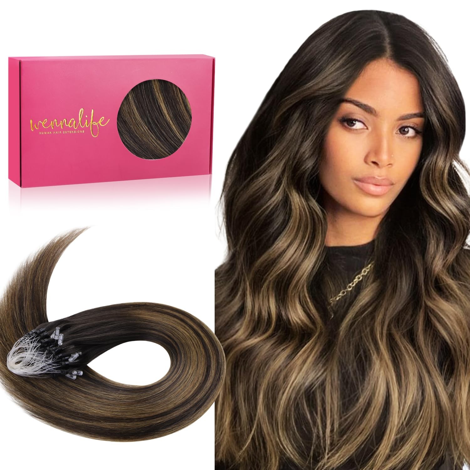 Wennalife Microlink Hair Extensions Human Hair 50G 50S 20 Inch Balayage Dark