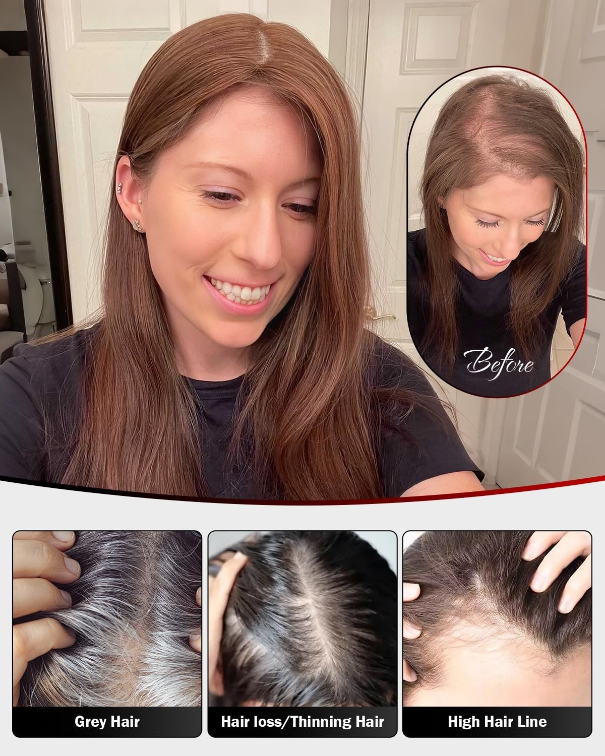 16in Human Hair Topper for Women 7.5×7.5in Injected Silk Base 130% Density #1B