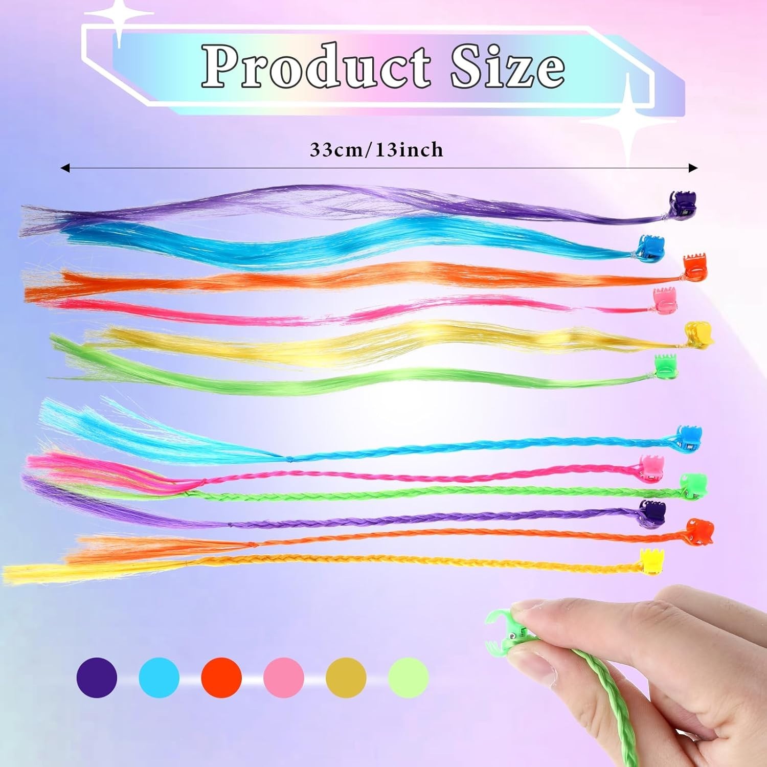 36 Pack Colored Hair Extensions for Girls, Clip-In, 33Cm Length, Pink, Blue, Pur