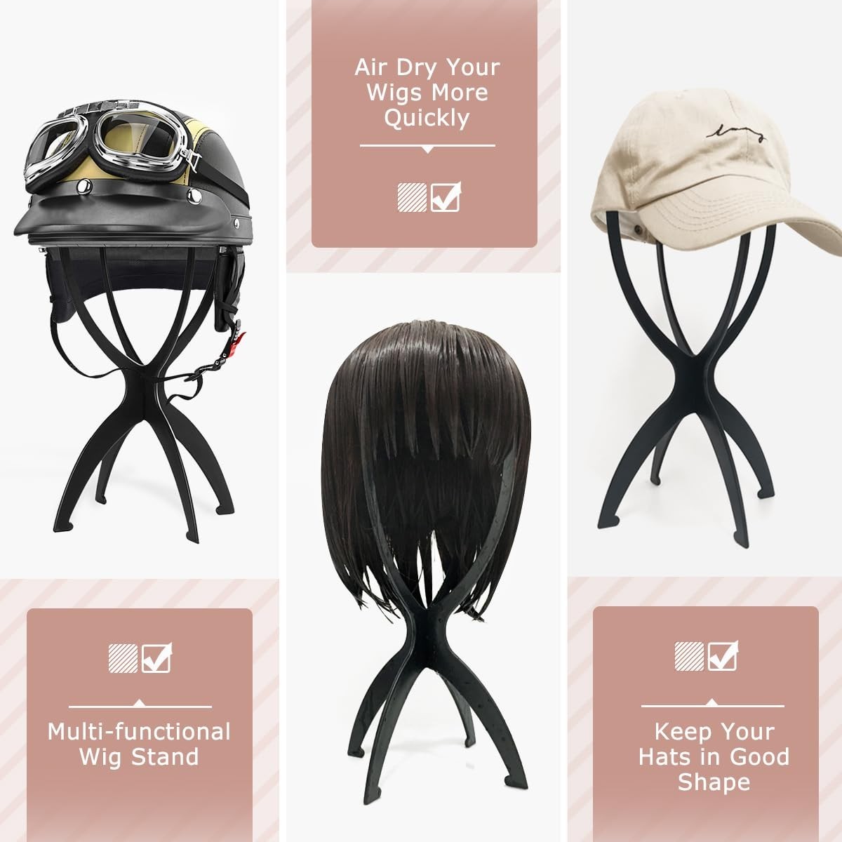 Multi-Purpose Wig Stand Set – Durable Black Holder for Wigs & Masks, 3 Pack