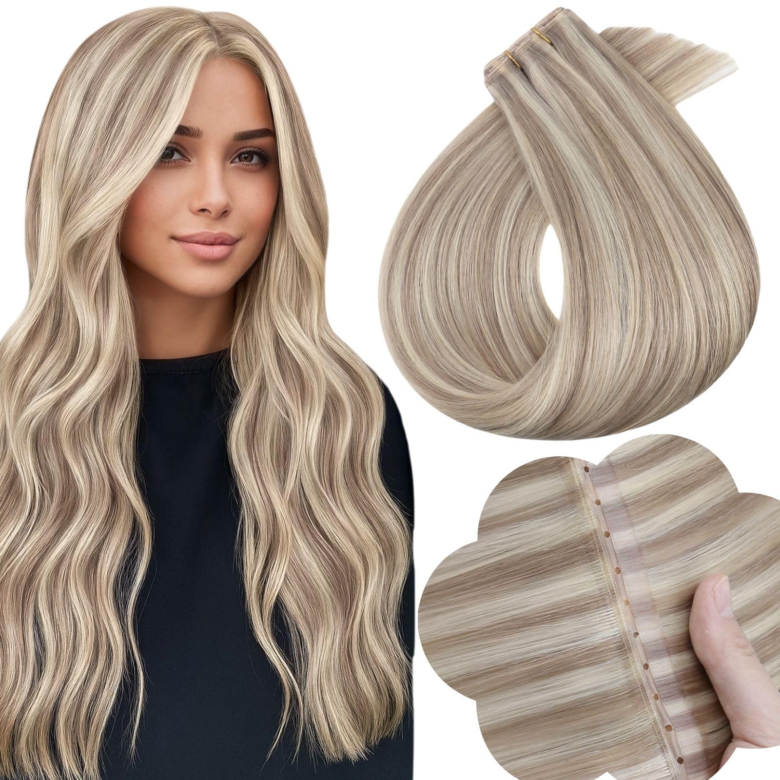 Full Shine Butterfly Weft Hair Extensions Human Hair 16 Inch 50G Ash Blonde High