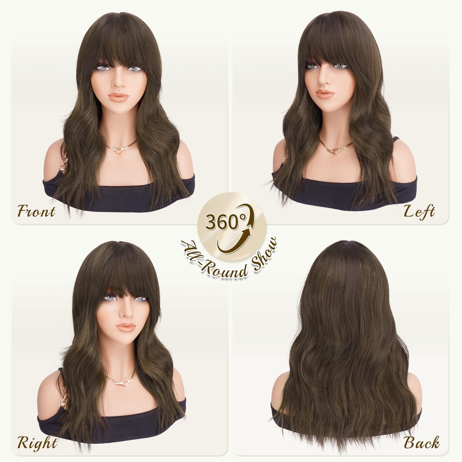 Haloo Brown Wigs Bangs – 19 Inch Natural Wavy Synthetic Heat Resistant Medium