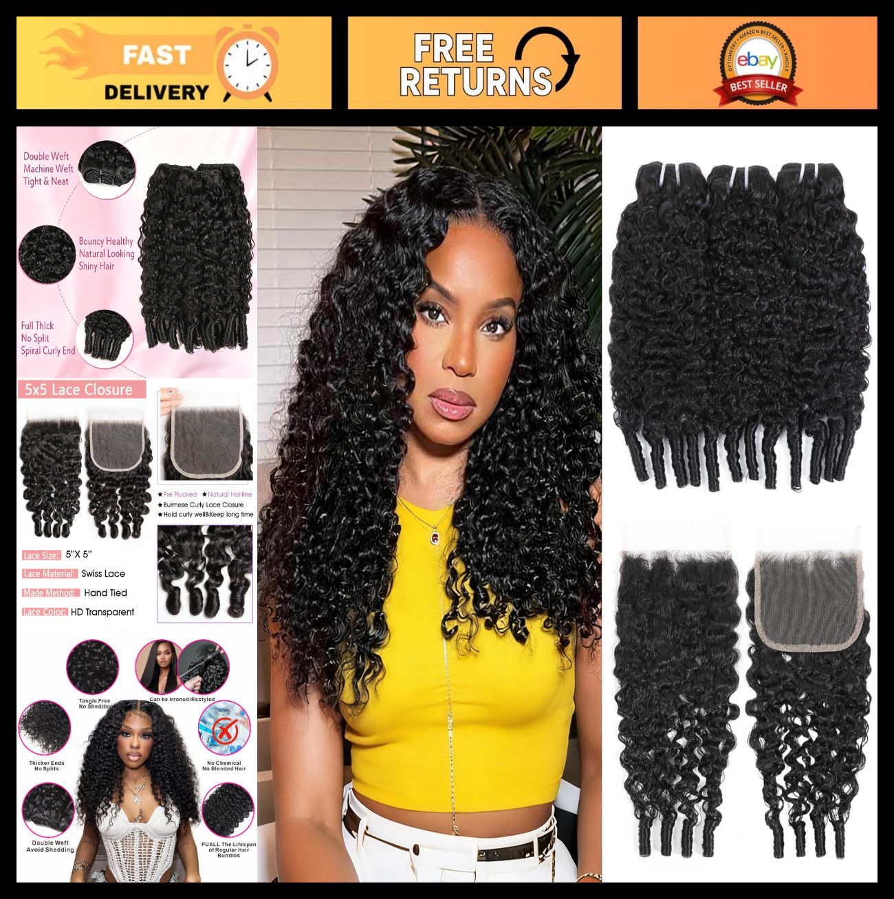 18-22″ Burmese Curly Hair Bundles + 5×5 HD Lace Closure, 12A Virgin Water Wave,