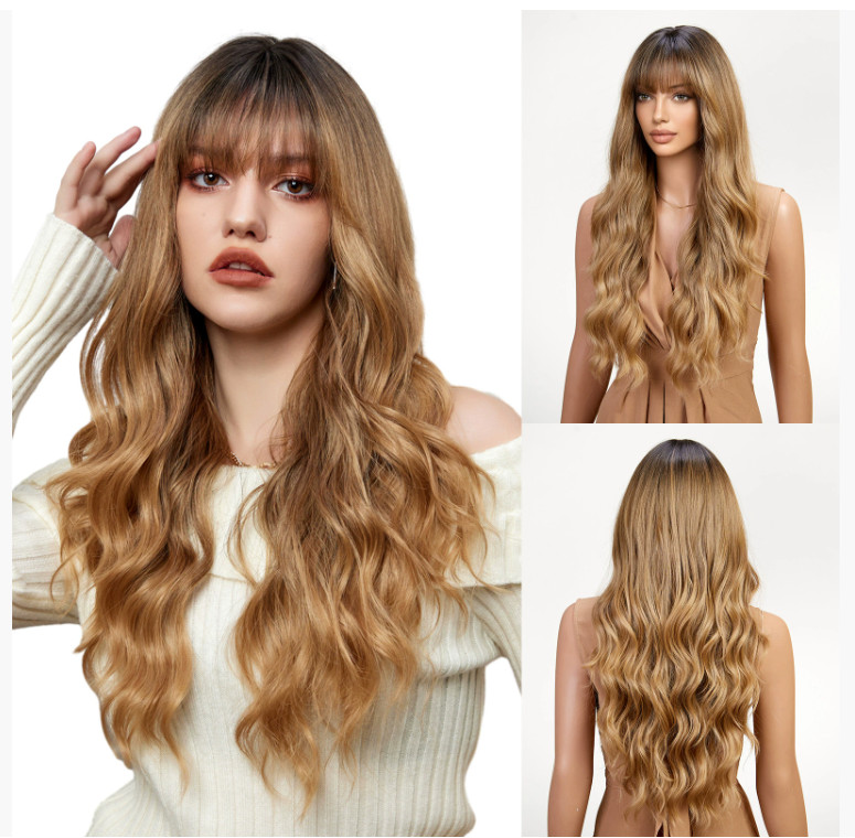 Rooted Honey Blonde Mix Long Wavy Synthetic Hair Wigs With Bangs Women Soft