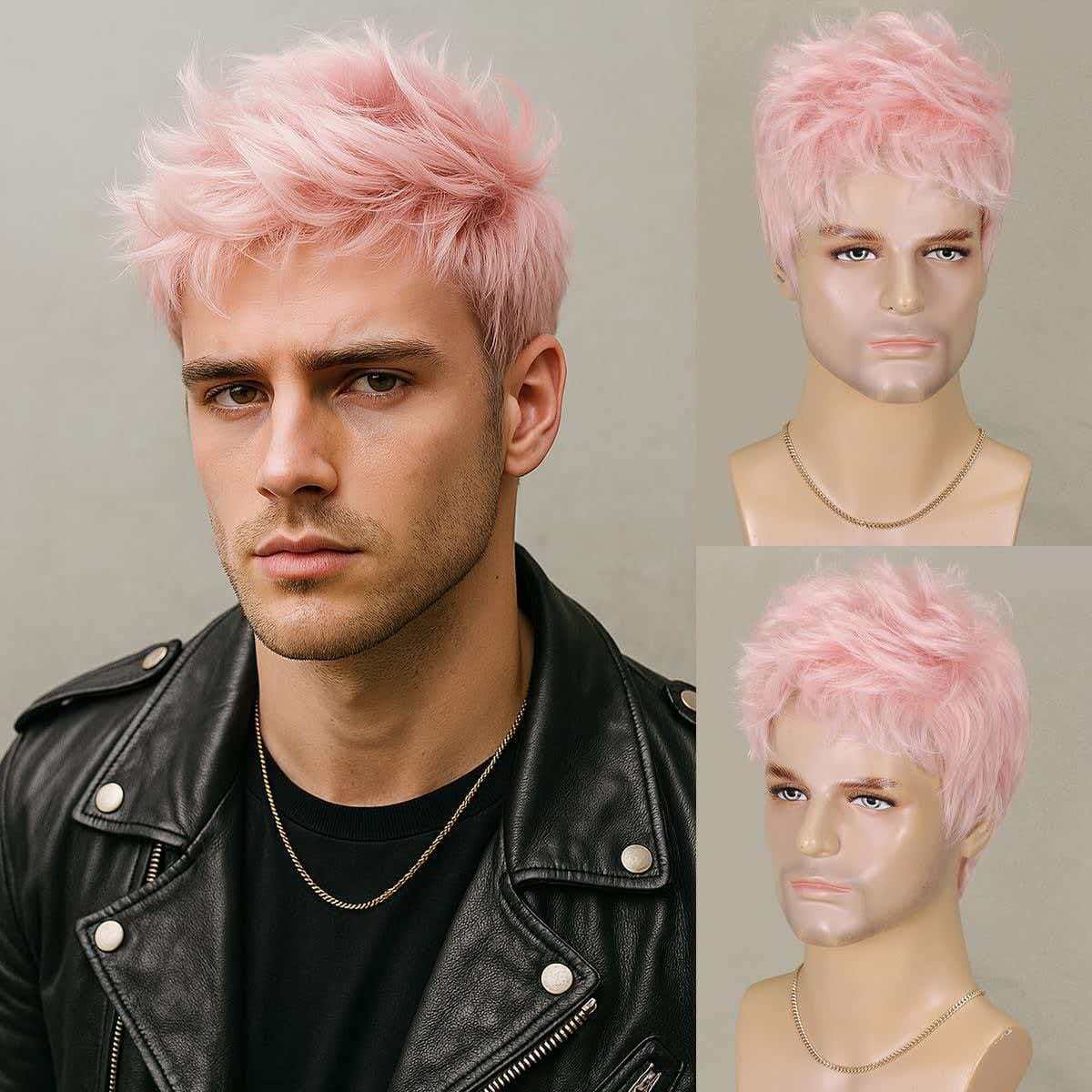 Unisex 6in Short Pink Wig Heat Resistant Synthetic Halloween Cosplay Party