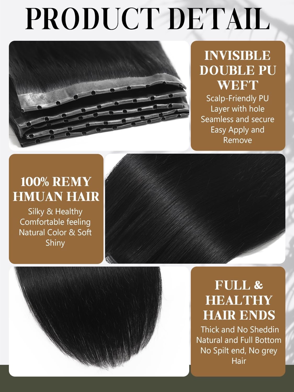 Double Layered OVO Remy Human Hair Extensions 20 Inch 100g #1 Jet Black PU Weft