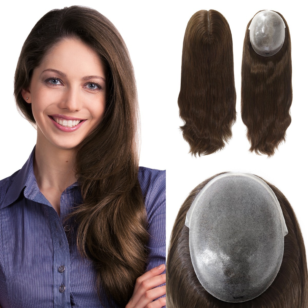 Topper for Women Poly Skin Wigs Top Pieces Human Remy Hair System 18” #4