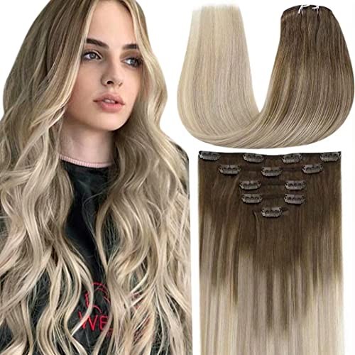 Clip in Hair Extensions Real Human Hair Ombre Brown to 18 Inch #8/18/60-5pcs