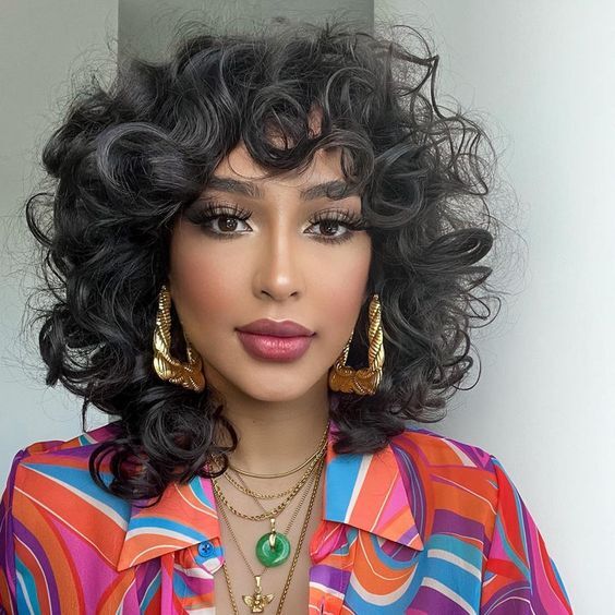 Black Curly Kinky Afro With Bangs Short Wigs Women Synthetic No Lace Soft Wigs