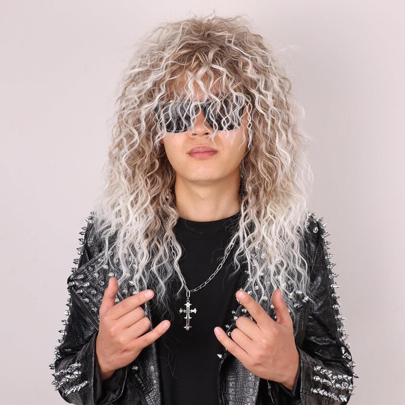 Men’s White Wig Man’s Long Curly Wavy Black Synthetic Full Wig+Wig Cap