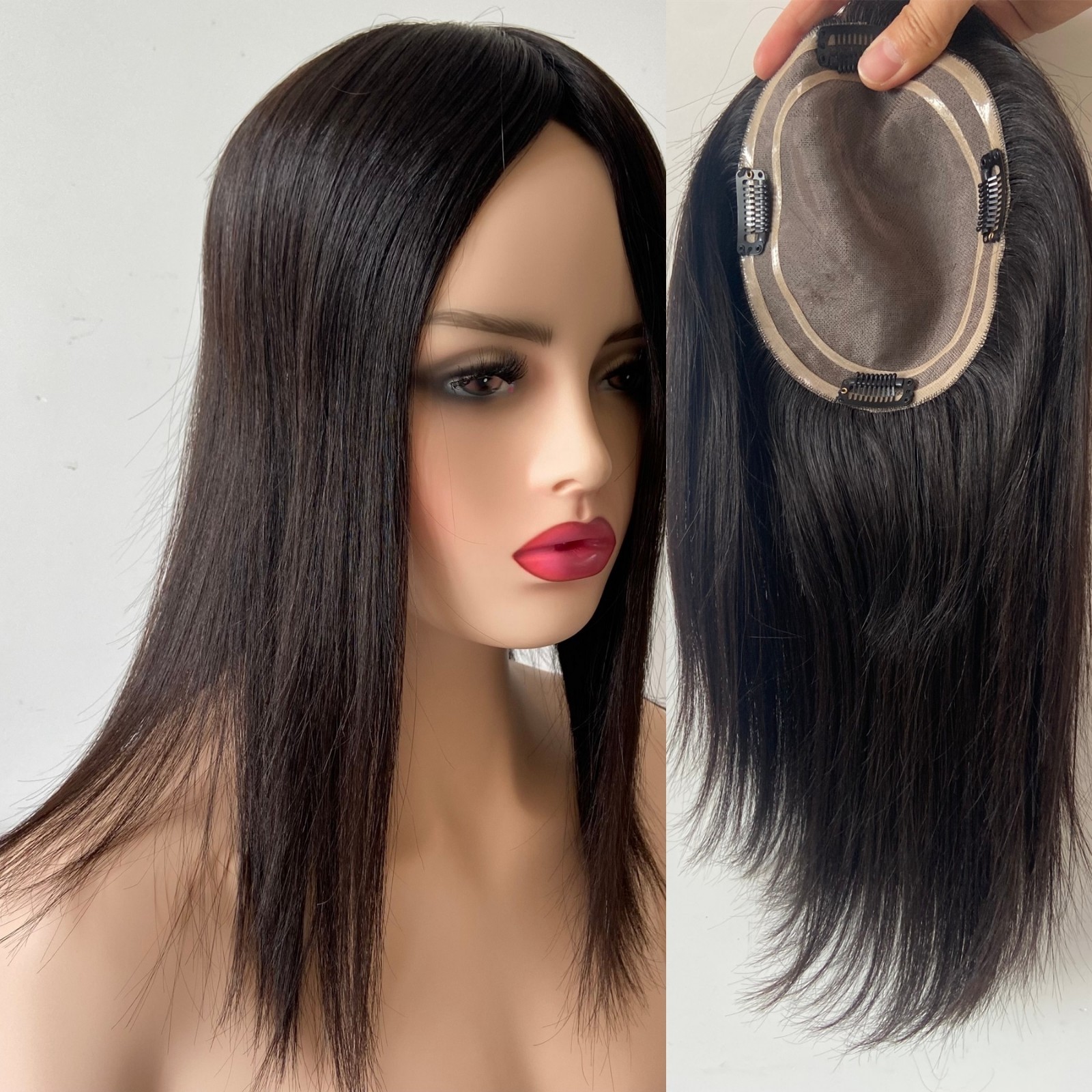 100% HUMAN HAIR CUTICLE INTACT MONO TOPPER 5.5×6.5″ OFF BLACK 14″ LONG FREE PART