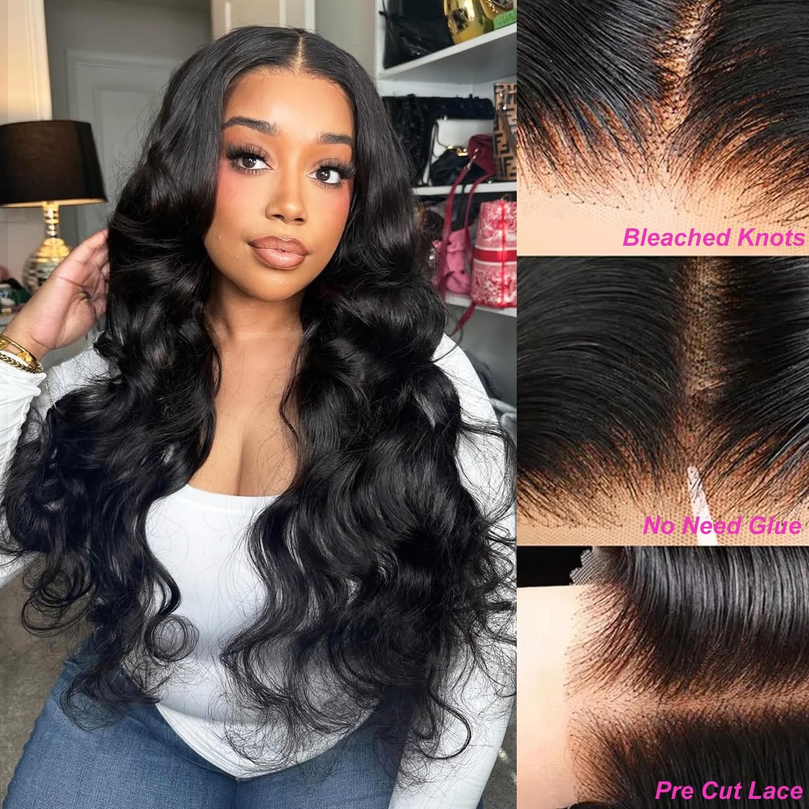 Uwlk Wear And Go Body Wave Closure Wigs Human Hair Pre Plucked 180 Density 4X4