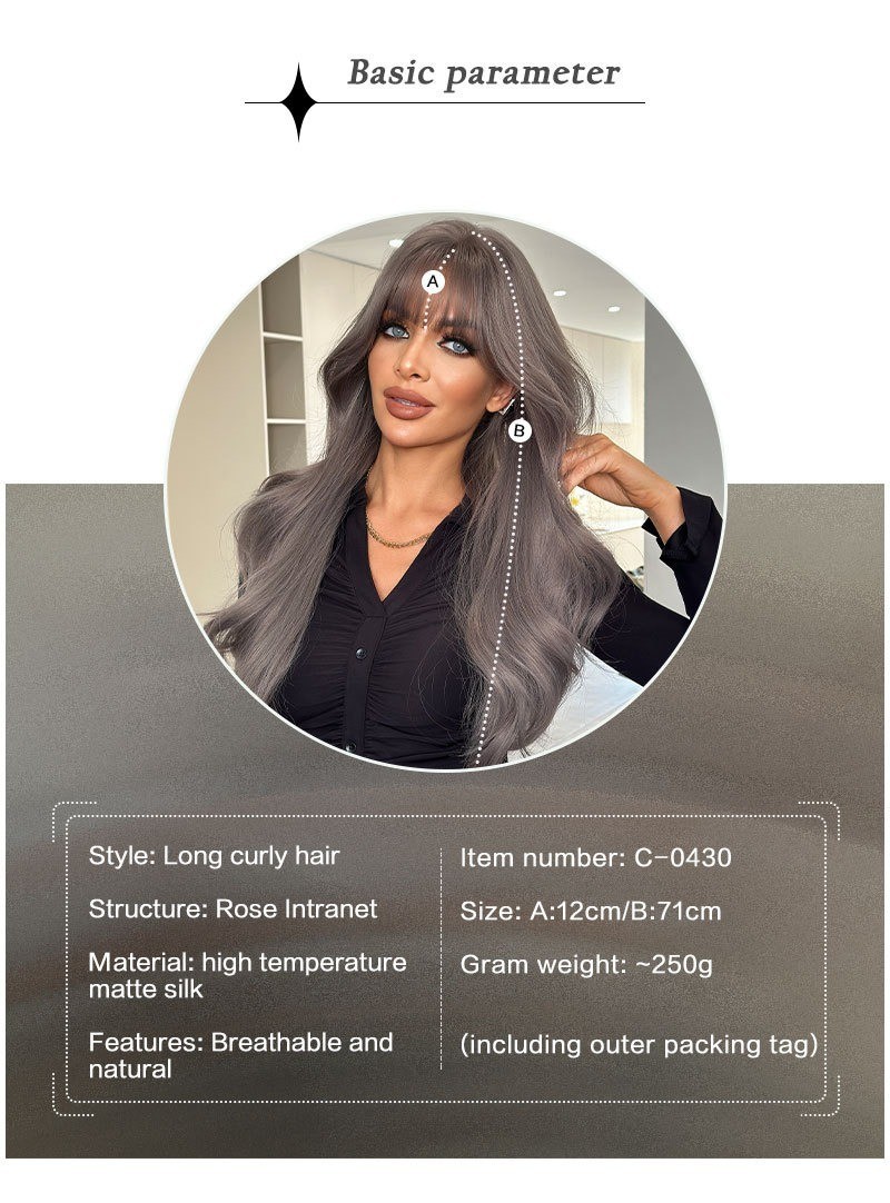 Grayish-purple long wavy hair with fringe-style bangs artificial hair natural
