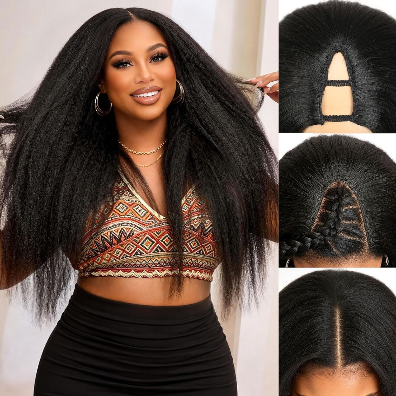 Yaki Kinky Straight V Part Wig Synthetic Clip in Glueless Half Wig 26in #1B