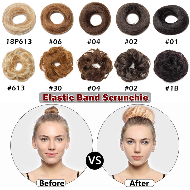 100% Real Human Hair Piece Clip In Wrap On Around Chignon Messy Bun Elastic Band