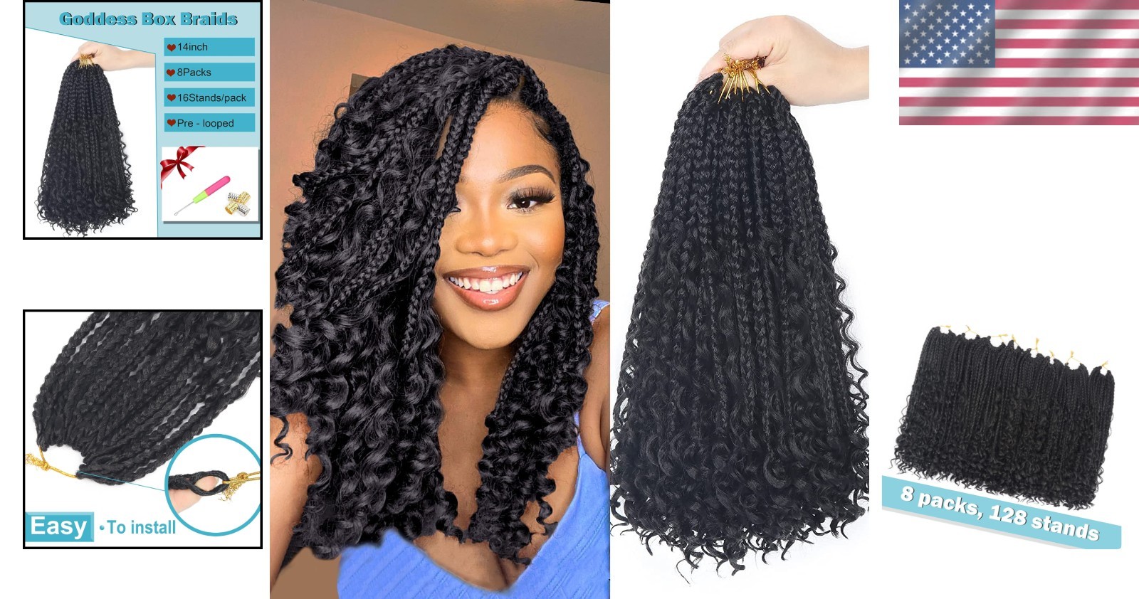 Goddess Bohemian Box Braids – 14 Inch Curly Synthetic Hair Extensions, Pack of 8