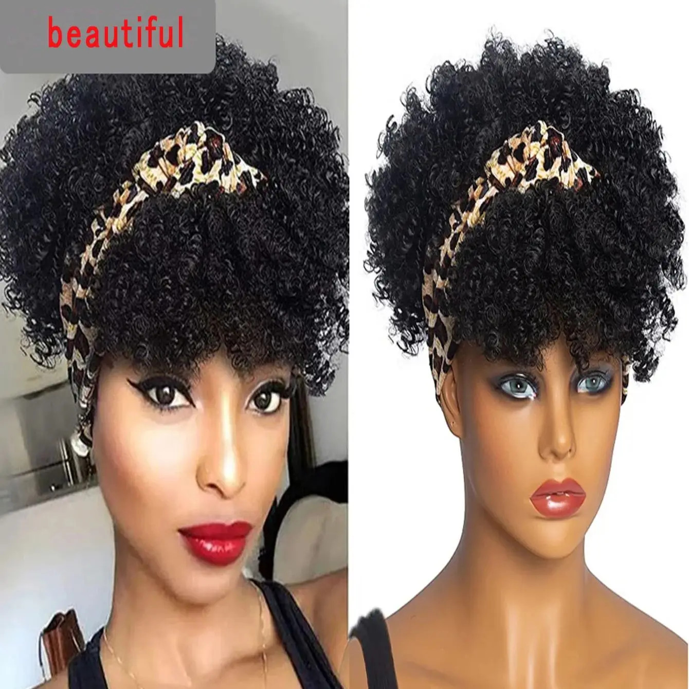 Black Soft Synthetic Short African Curly Wig For Women Headwrap fake Hair Strap