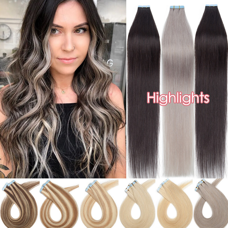 Tape In 100% Real Thick Human Hair Extensions Tape On Skin Weft 40pcs Grey 100g