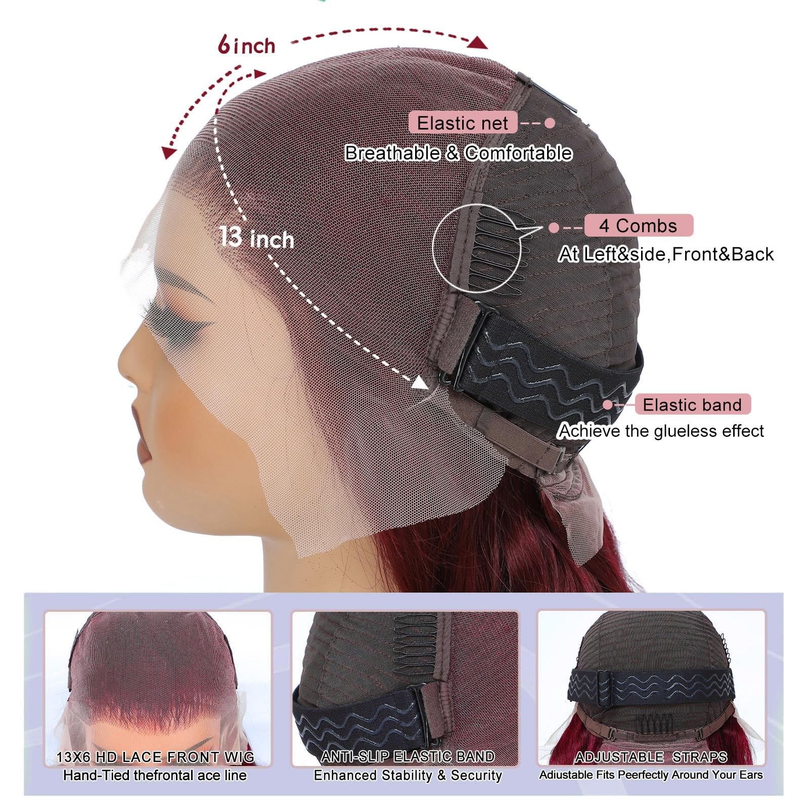 30″ 99J Burgundy Body Wave Lace Front Wig, 200 Density, Pre-Plucked Human Hair