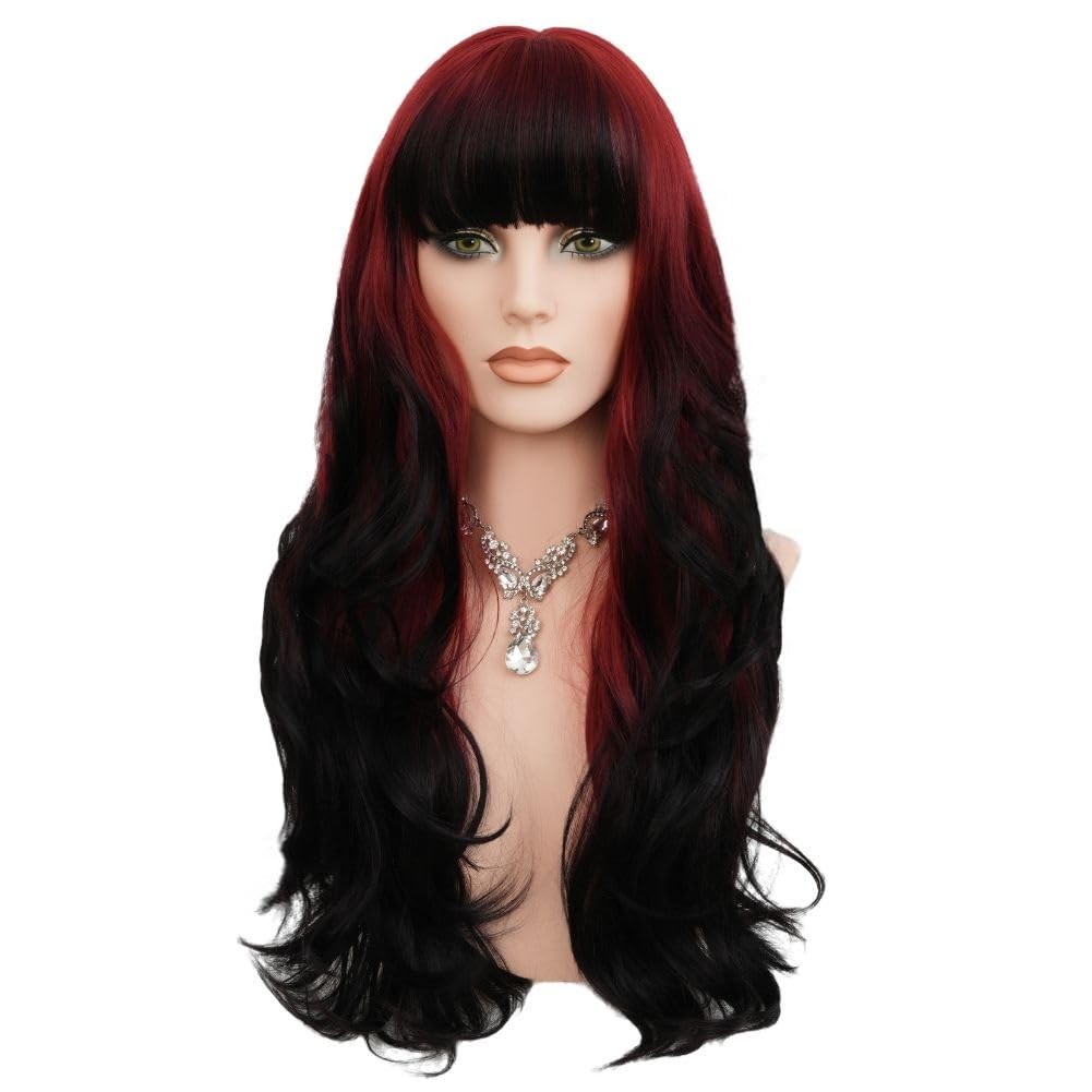 Red Black Long Wig with Bangs Womens Curly Wavy Ombre Red Hair Wig Heat Resis…