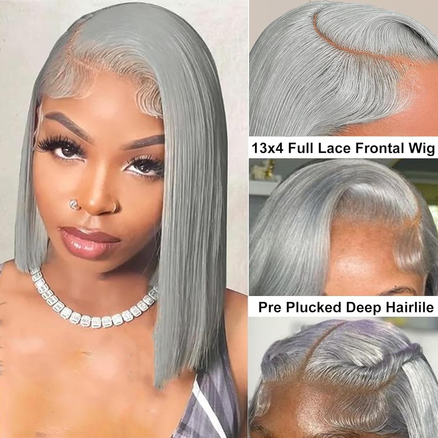 Fjsuprise 16 Inch Long Grey Bob Wigs Human Hair Straight Silver 13X4 Hd