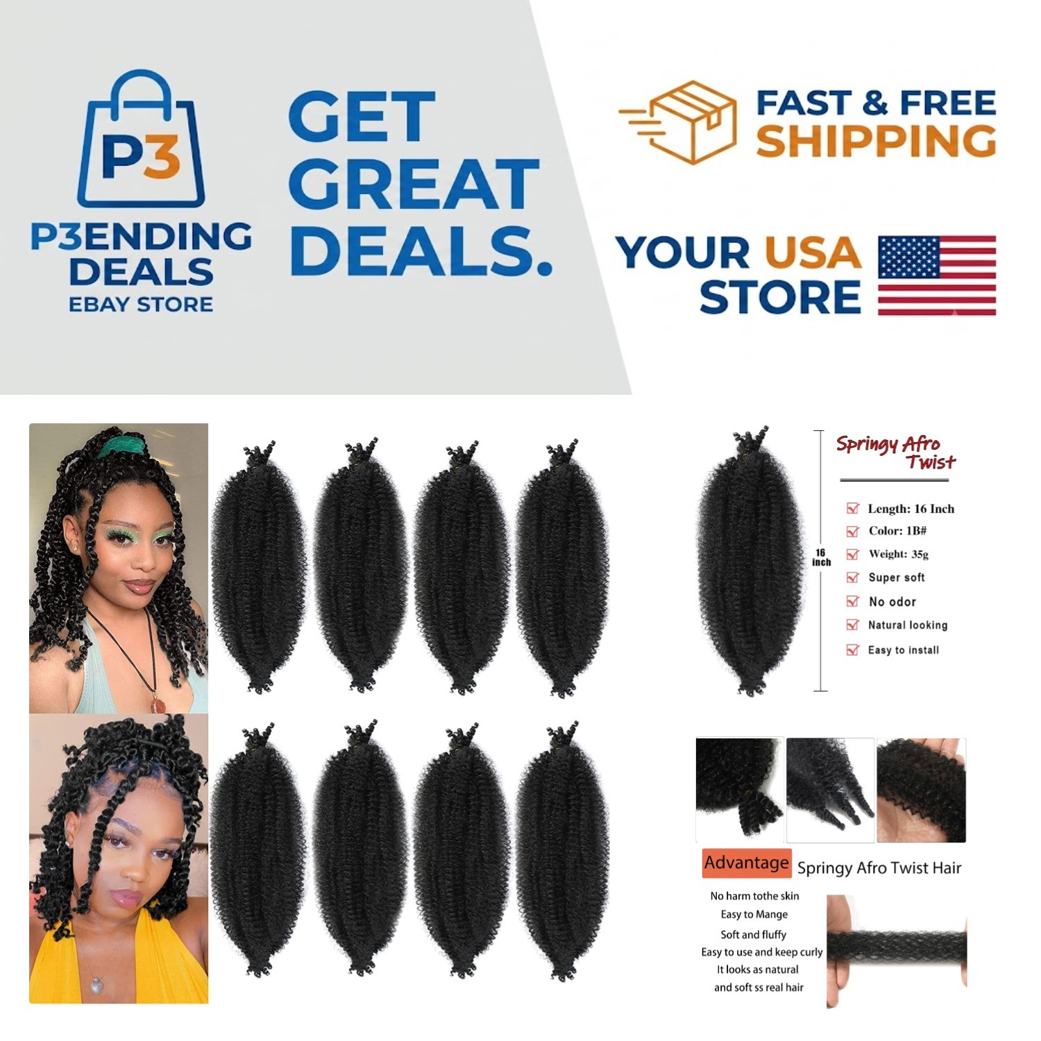 8 Packs of 16-Inch Springy Afro Twist Hair for Effortless Styling & Trendy Looks
