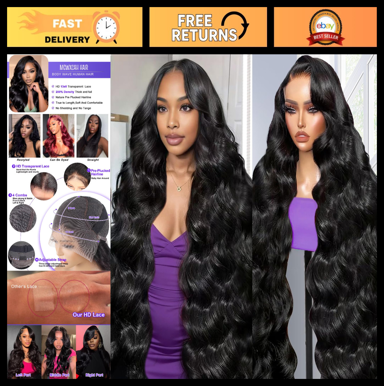 30″ 13×6 Lace Front Human Hair Wig – 200 Density Body Wave, HD Transparent, Pre-